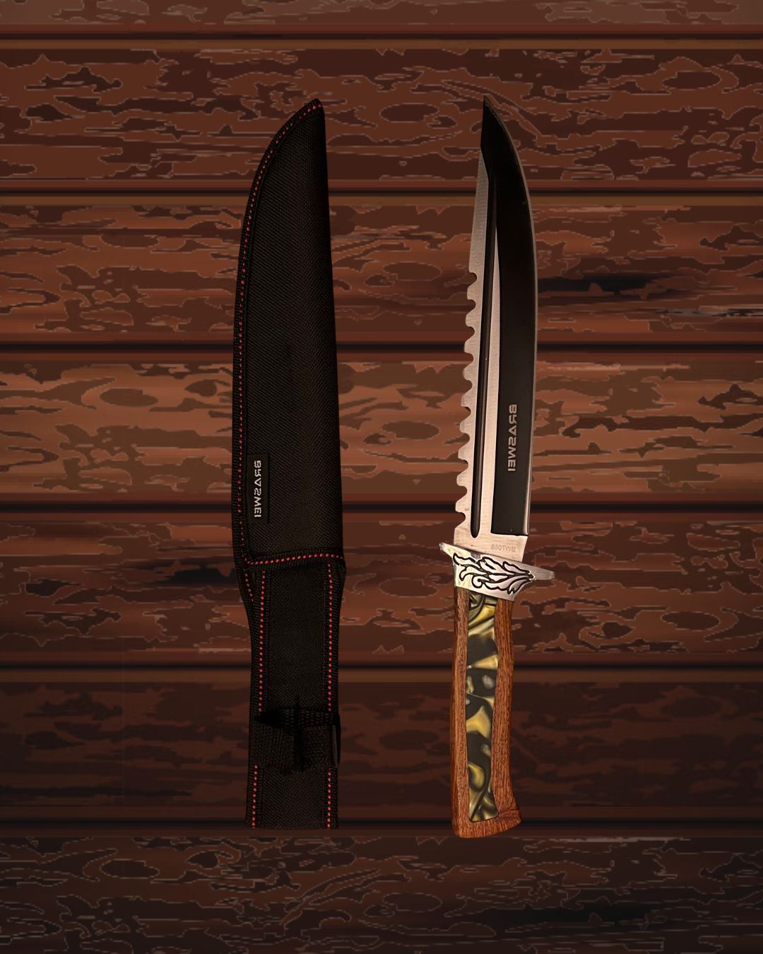 Faca Tática JungleBlade – Aço Inox Serrilhado com Cabo em Madeira Decorada