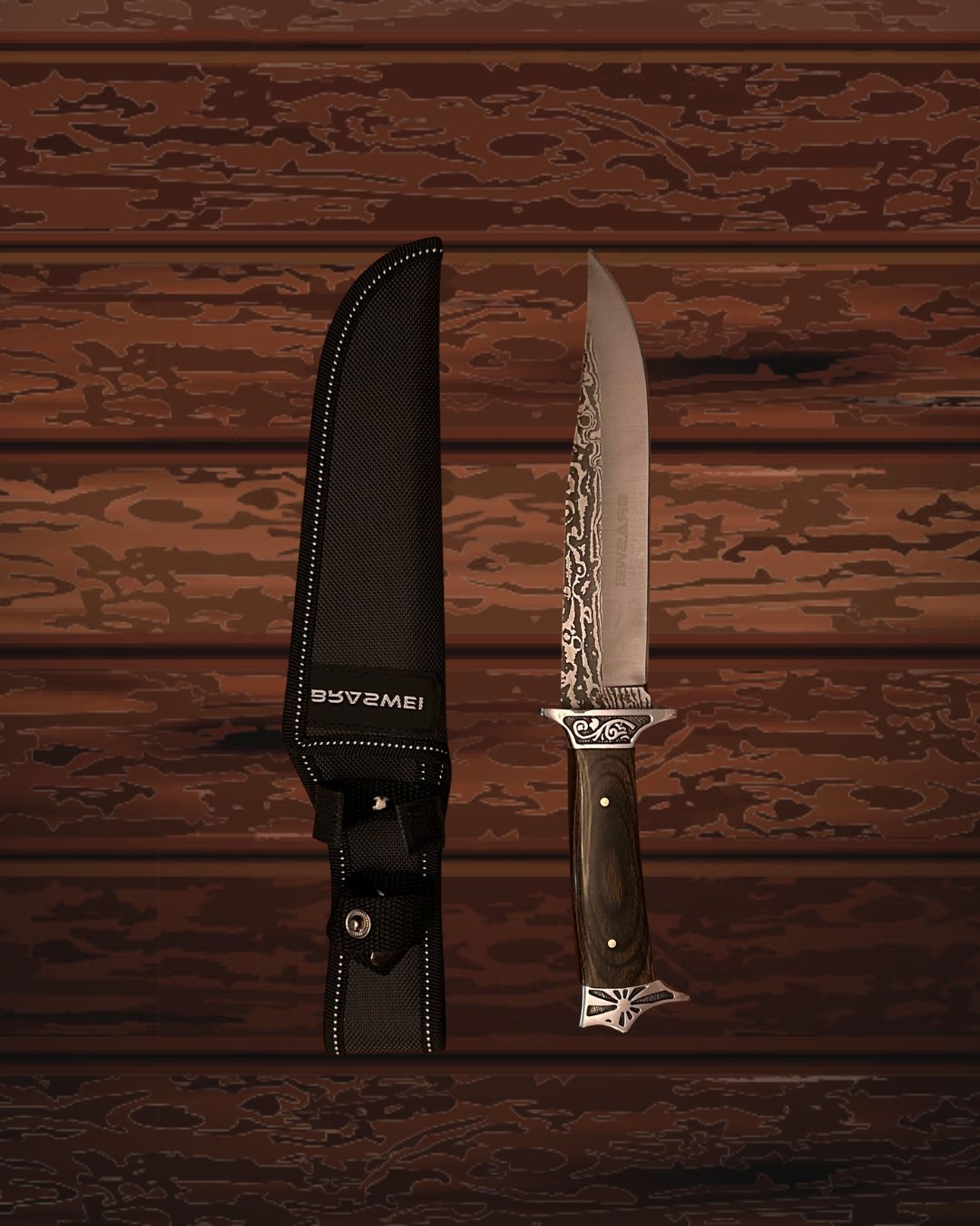 Faca de Churrasco BlackForge – Aço Inox com Cabo Escuro e Lâmina Decorada