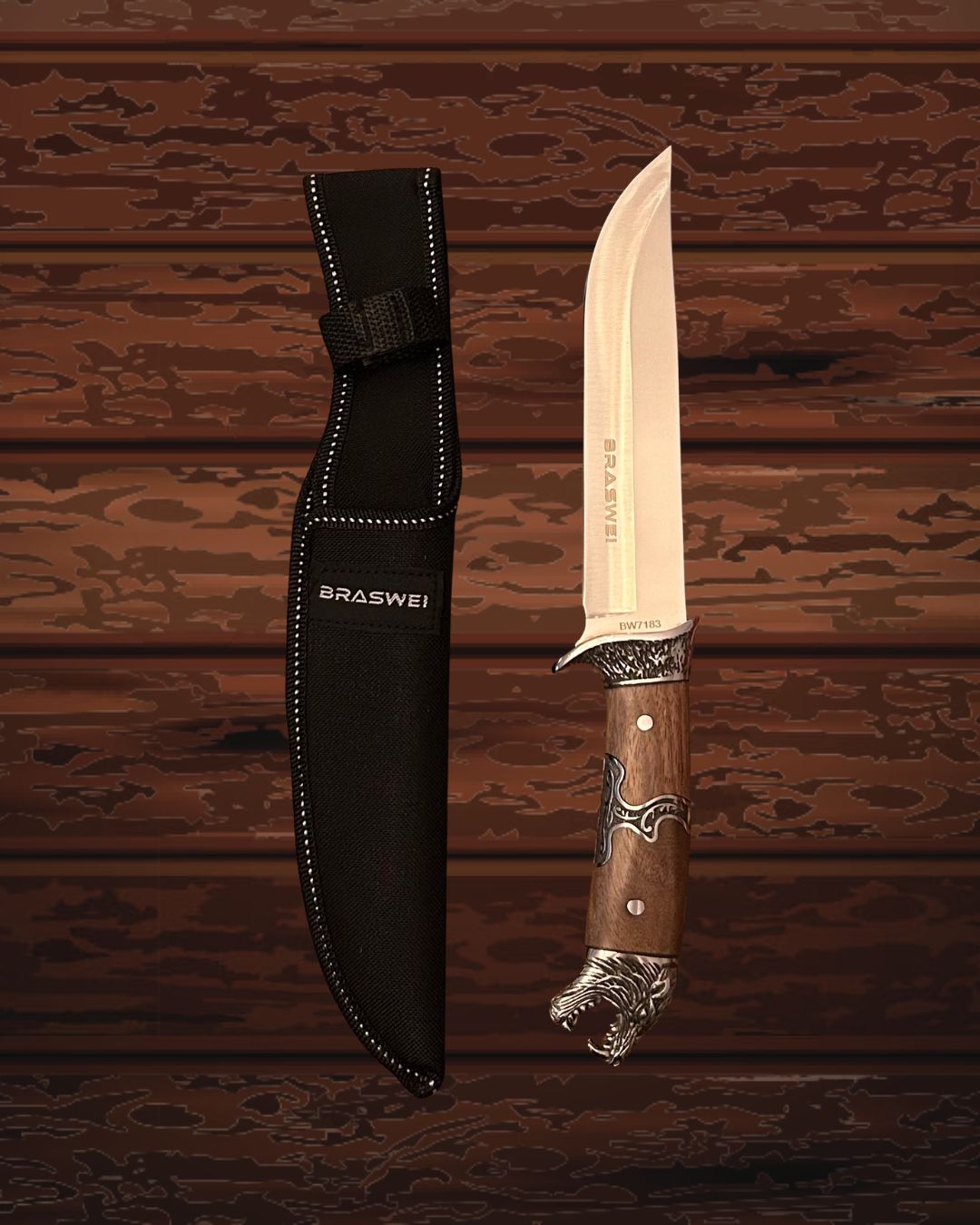 Faca de Churrasco WolfHunter – Aço Inox com Cabo de Madeira e Detalhe de Lobo