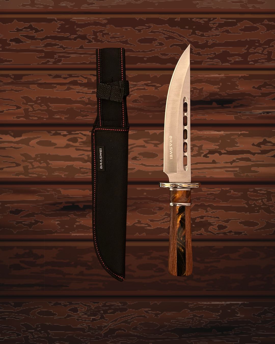 Faca de Churrasco IronClaw – Aço Inox com Cabo Marmorizado e Lâmina Vazada