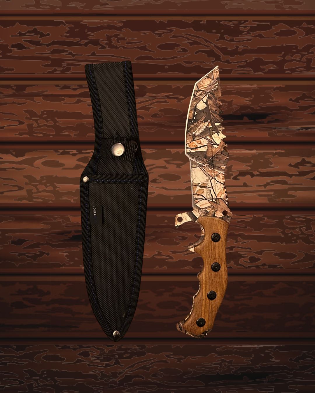 Faca Tática CamoHunter – Aço Inox Camuflado com Cabo em Madeira