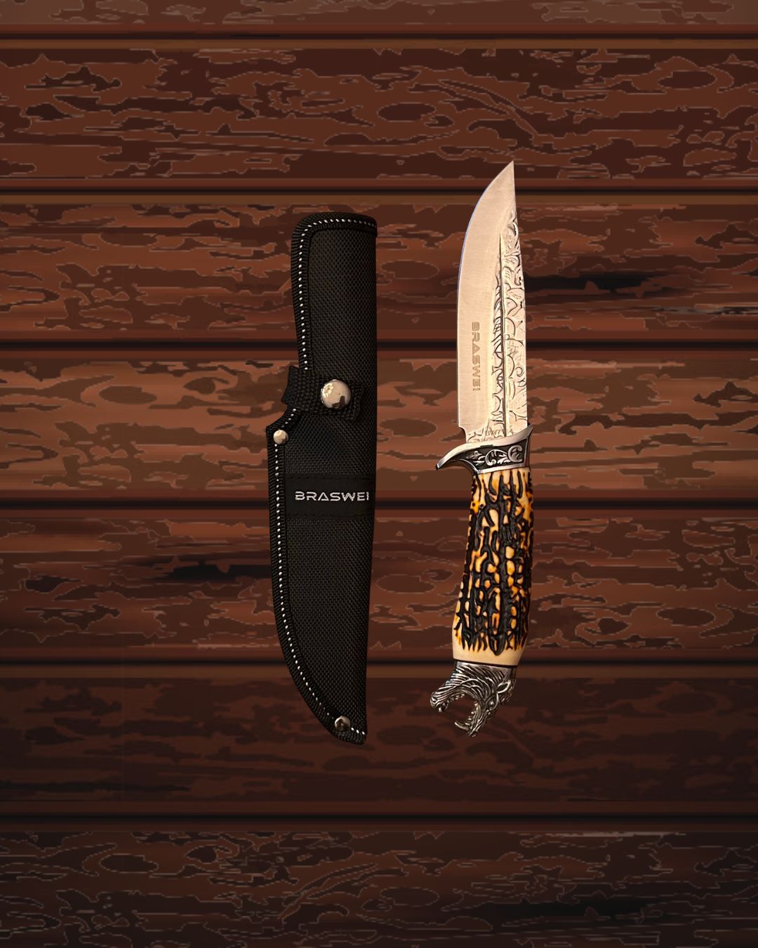 Faca Exótica WolfSpirit – Aço Inox Decorado com Cabo Marfim e Bainha Preta