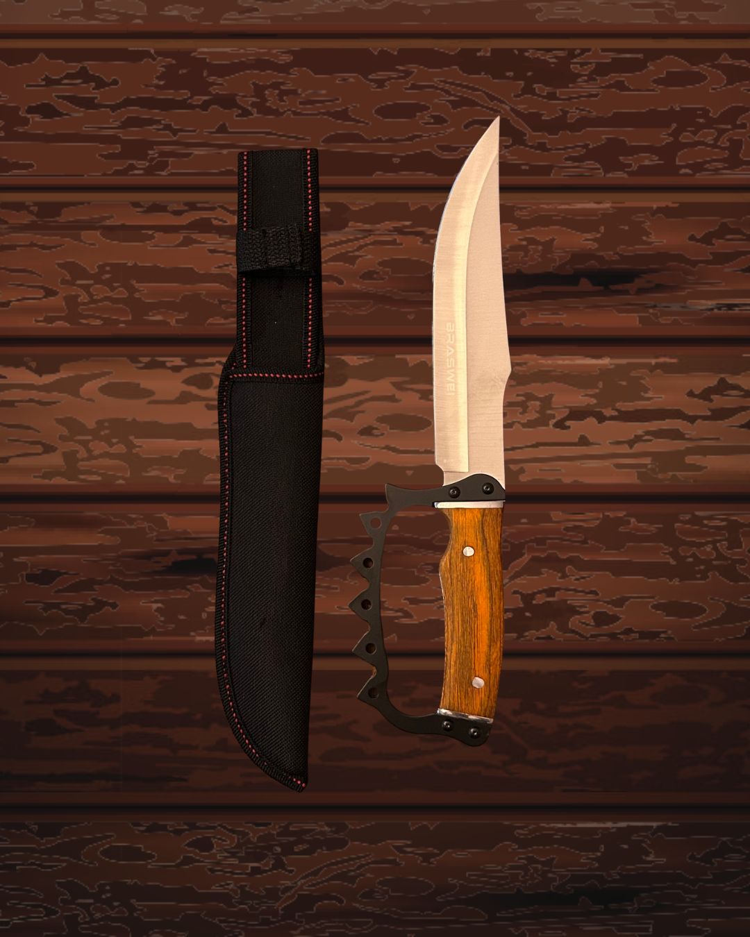 Faca Tática SkullBlade – Aço Inox com Cabo Soco-Inglês em Madeira